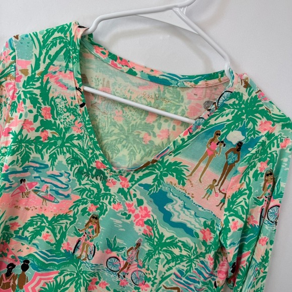 Lilly Pulitzer Tops - Lilly Pulitzer Etta V-Neck Top XS Kaduwela Beach Scene Long Sleeve Pink Green